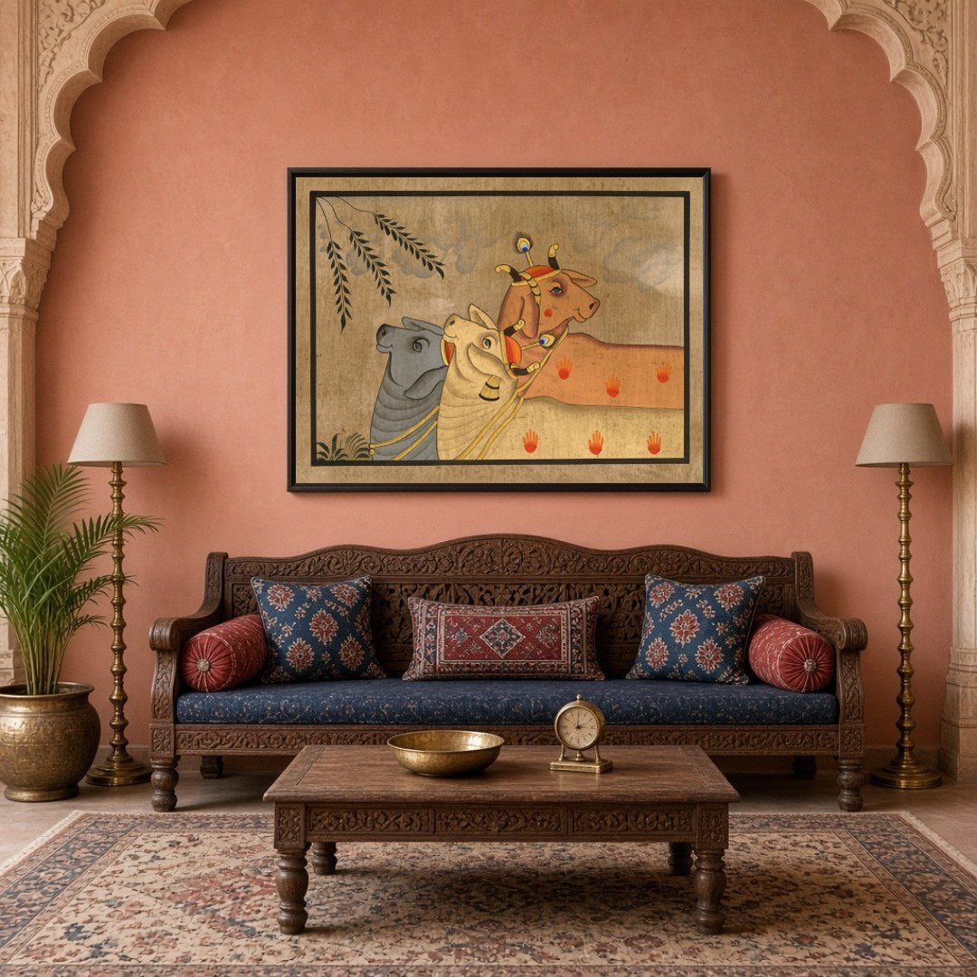 Elevate your space with this exquisite Pichwai artwork, showcasing a trio of Kamdhenu cows amidst a for Living Room