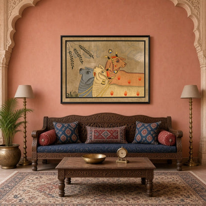 Elevate your space with this exquisite Pichwai artwork, showcasing a trio of Kamdhenu cows amidst a for Living Room
