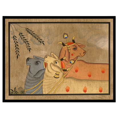 Elevate your space with this exquisite Pichwai artwork, showcasing a trio of Kamdhenu cows amidst a for lovely-house