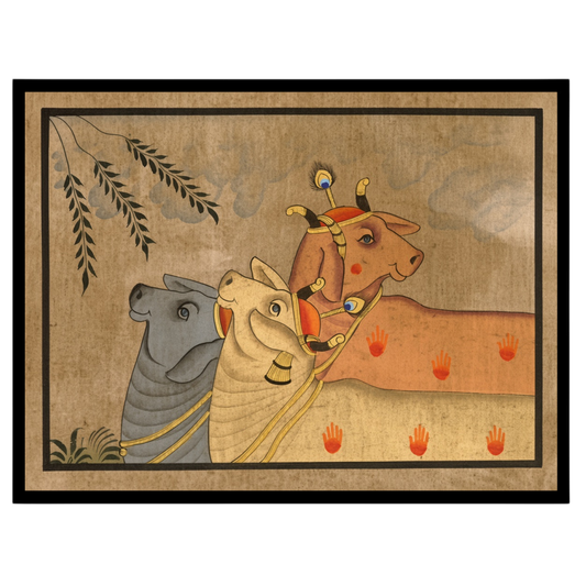 Elevate your space with this exquisite Pichwai artwork, showcasing a trio of Kamdhenu cows amidst a for lovely-house