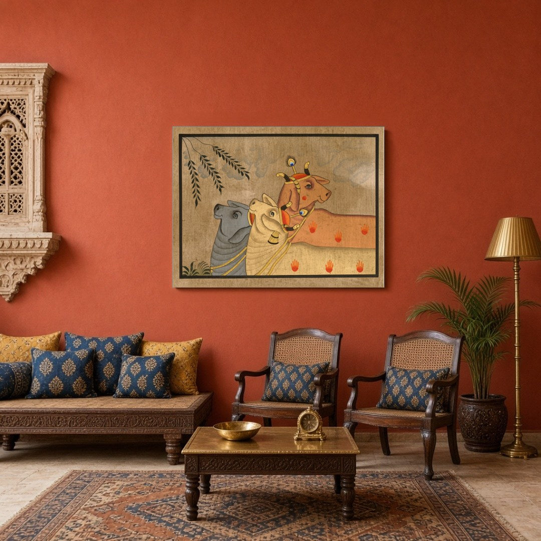 Elevate your space with this exquisite Pichwai artwork, showcasing a trio of Kamdhenu cows amidst a for Sitting Area