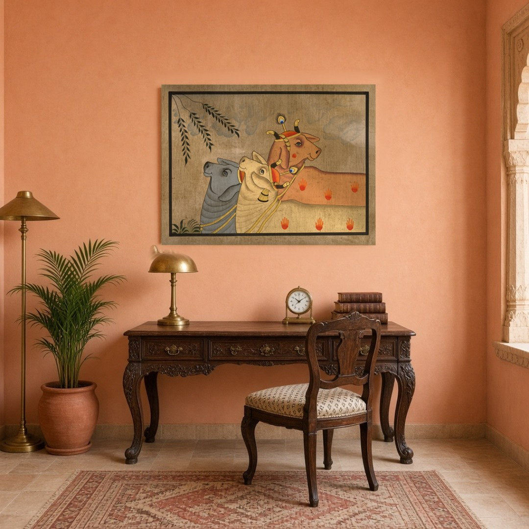 Elevate your space with this exquisite Pichwai artwork, showcasing a trio of Kamdhenu cows amidst a for Study