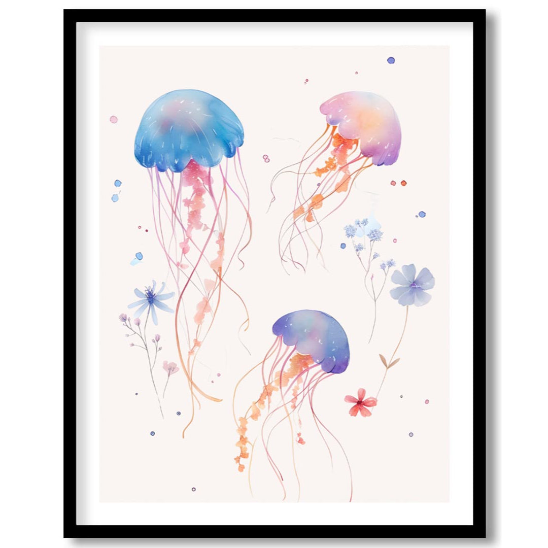 This delightful watercolor illustration features a playful trio of jellyfish gracefully drifting ac… for abode
