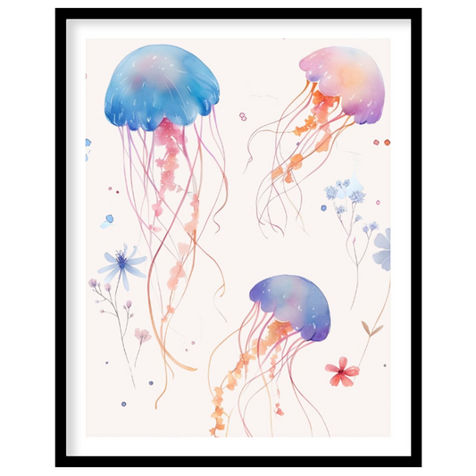 This delightful watercolor illustration features a playful trio of jellyfish gracefully drifting ac… for abode