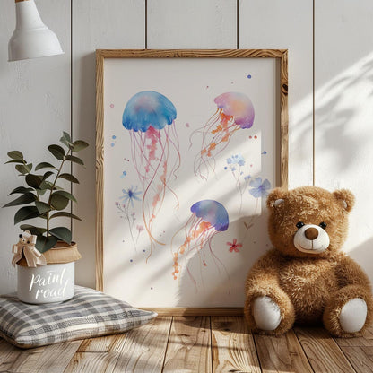 This delightful watercolor illustration features a playful trio of jellyfish gracefully drifting ac… for nursery