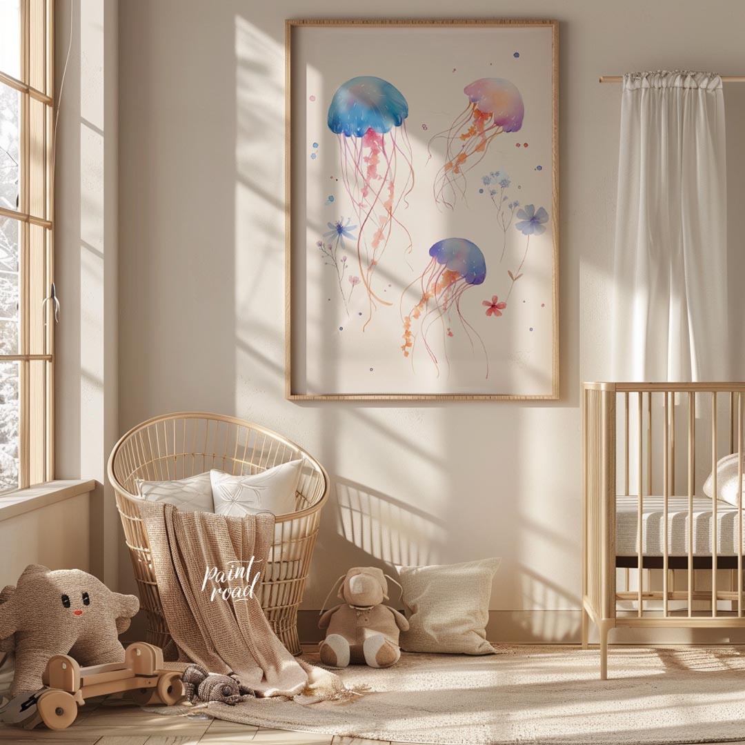 This delightful watercolor illustration features a playful trio of jellyfish gracefully drifting ac… for nursery