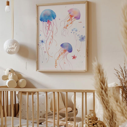 This delightful watercolor illustration features a playful trio of jellyfish gracefully drifting ac… for nursery
