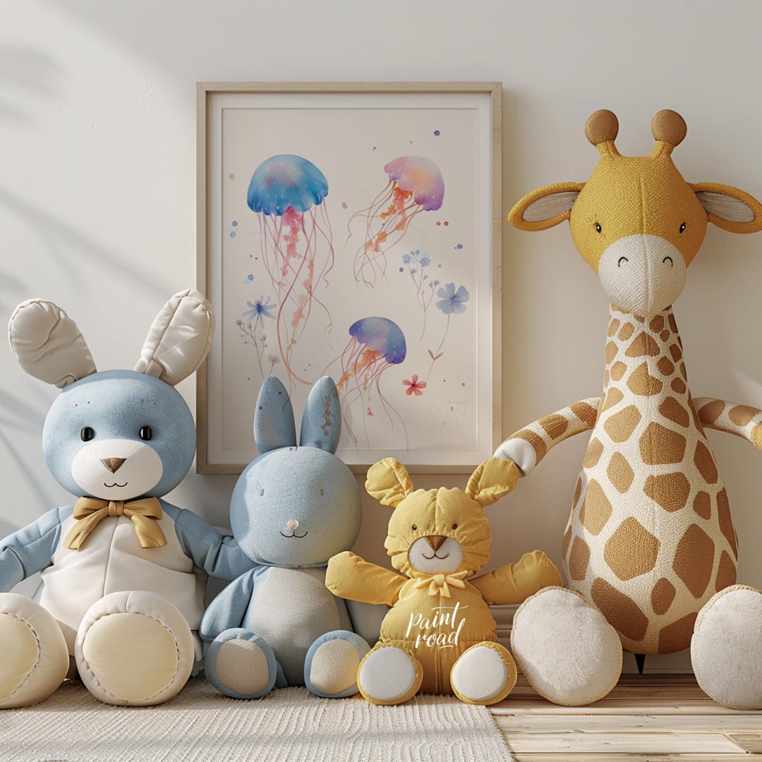 This delightful watercolor illustration features a playful trio of jellyfish gracefully drifting ac… for nursery
