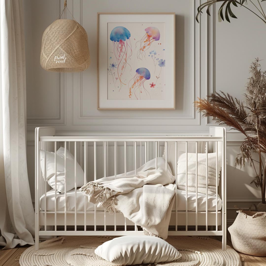 This delightful watercolor illustration features a playful trio of jellyfish gracefully drifting ac… for nursery