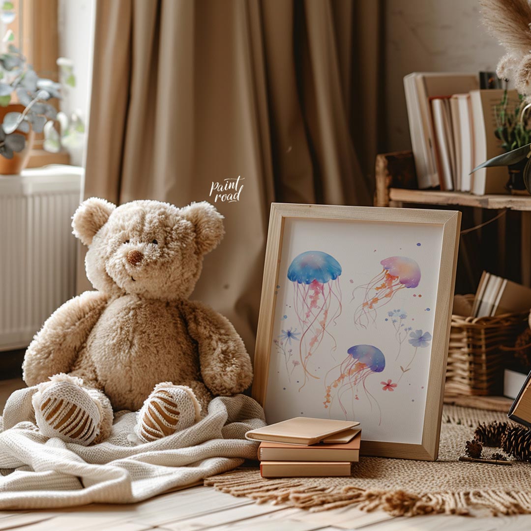 This delightful watercolor illustration features a playful trio of jellyfish gracefully drifting ac… for nursery