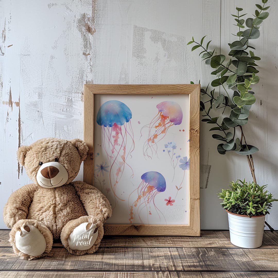 This delightful watercolor illustration features a playful trio of jellyfish gracefully drifting ac… for nursery