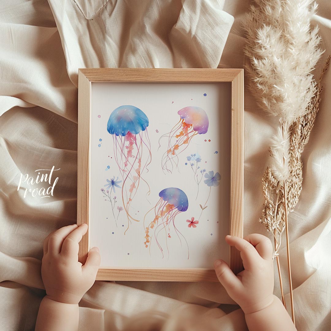 This delightful watercolor illustration features a playful trio of jellyfish gracefully drifting ac… for other