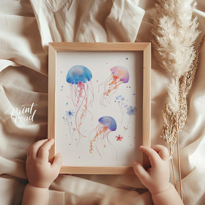 This delightful watercolor illustration features a playful trio of jellyfish gracefully drifting ac… for other