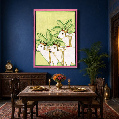Discover the serene elegance of the Pichwai art tradition with this captivating depiction of three for Dining