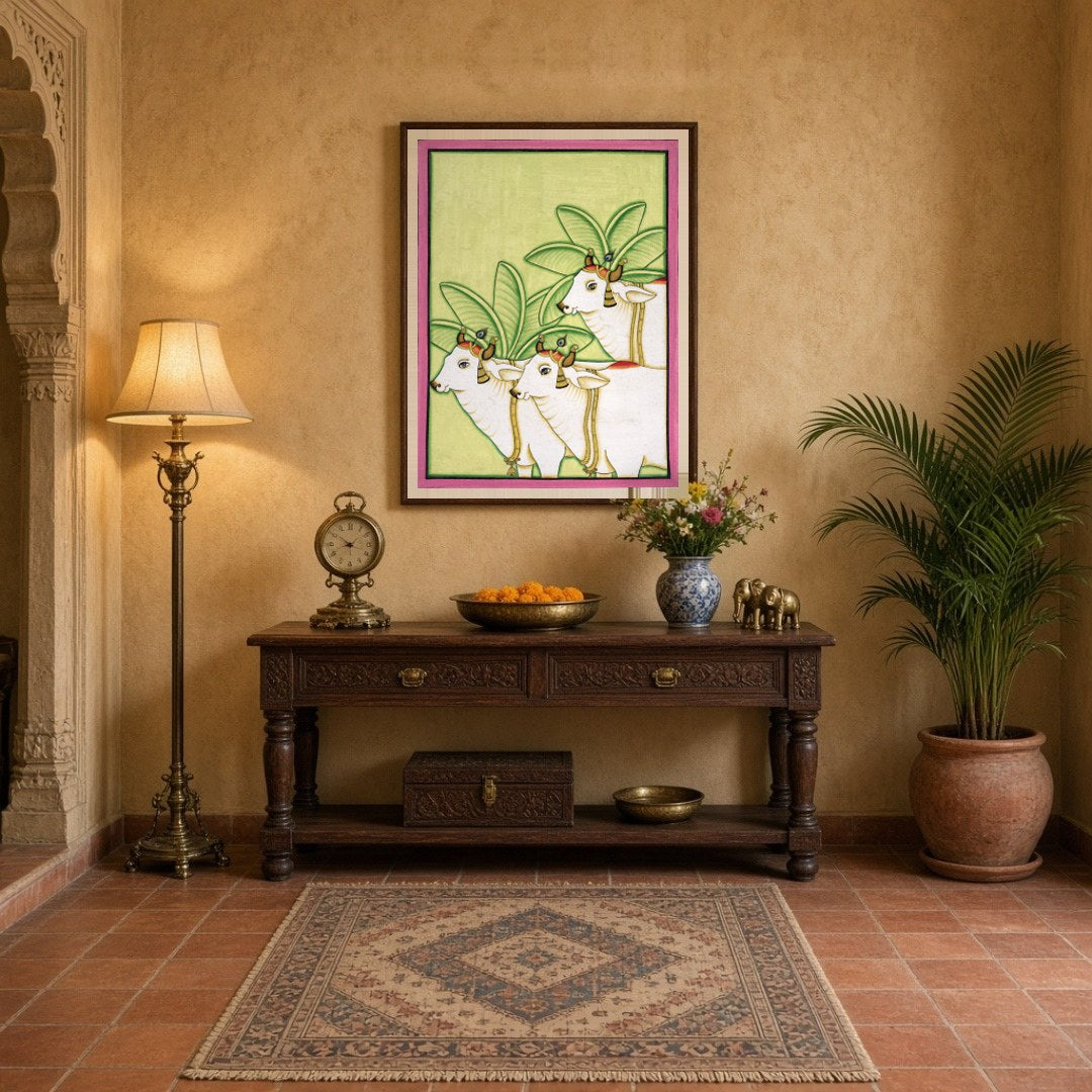 Discover the serene elegance of the Pichwai art tradition with this captivating depiction of three for Entrance