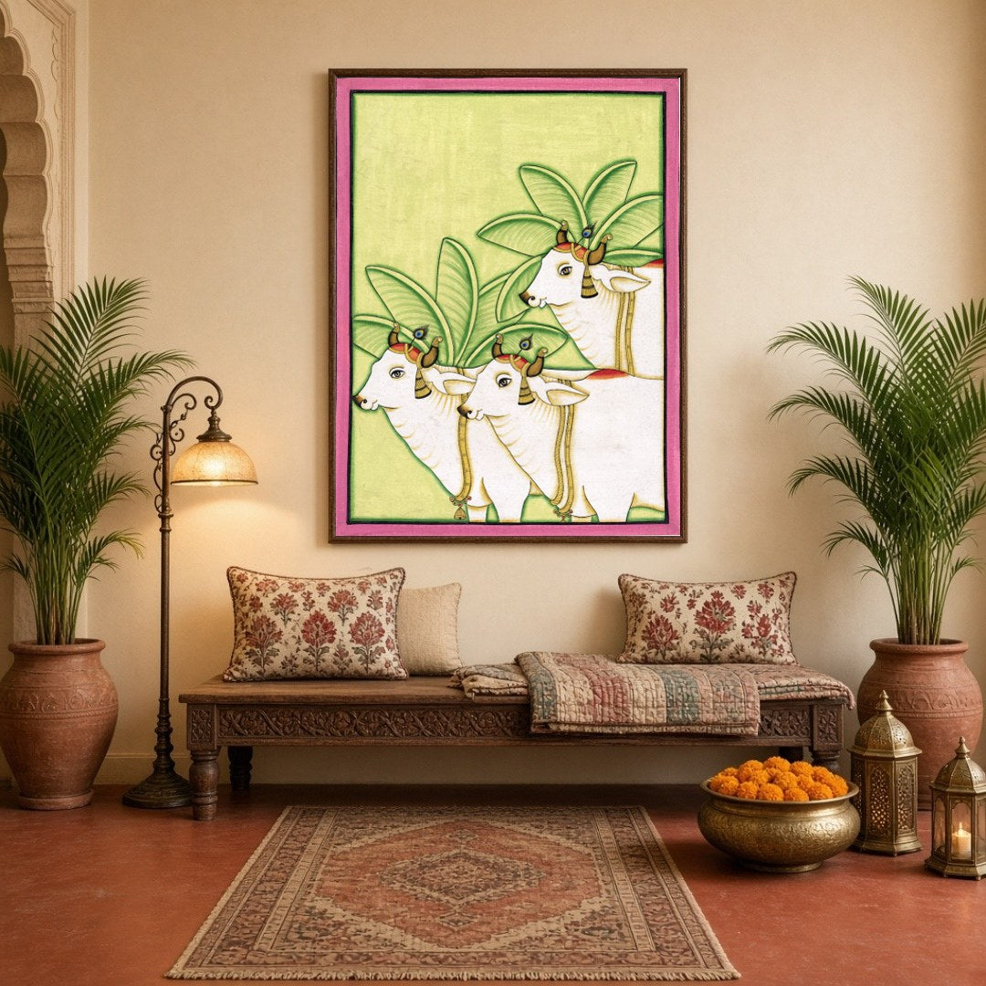 Discover the serene elegance of the Pichwai art tradition with this captivating depiction of three for Hallway