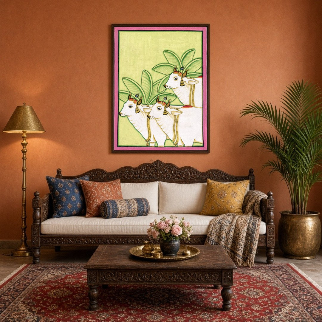 Discover the serene elegance of the Pichwai art tradition with this captivating depiction of three for Living Room