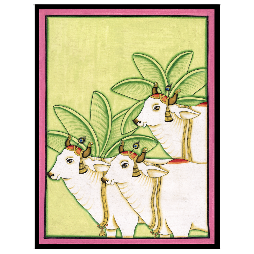 Discover the serene elegance of the Pichwai art tradition with this captivating depiction of three for lovely-house