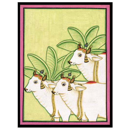 Discover the serene elegance of the Pichwai art tradition with this captivating depiction of three for lovely-house
