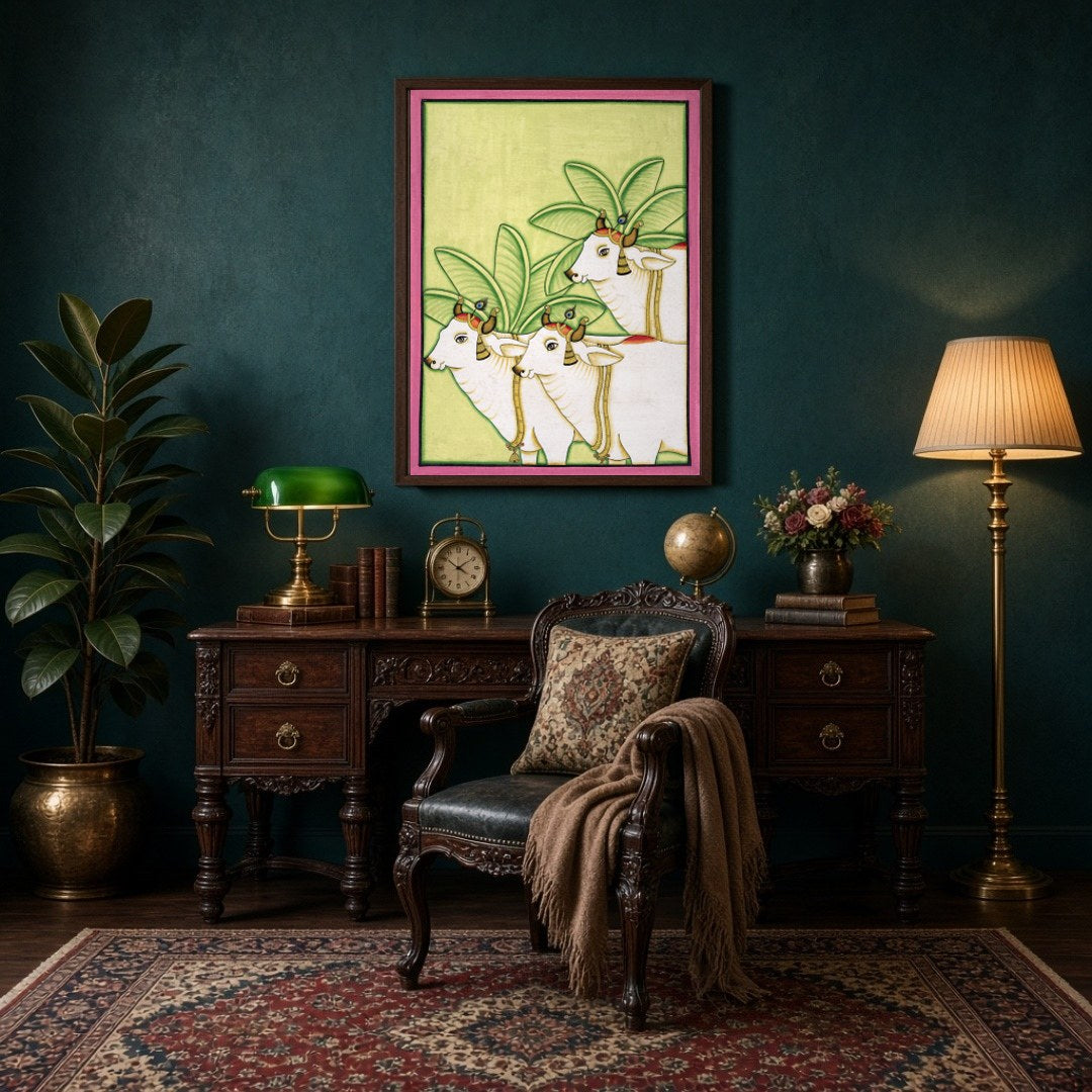Discover the serene elegance of the Pichwai art tradition with this captivating depiction of three for Study
