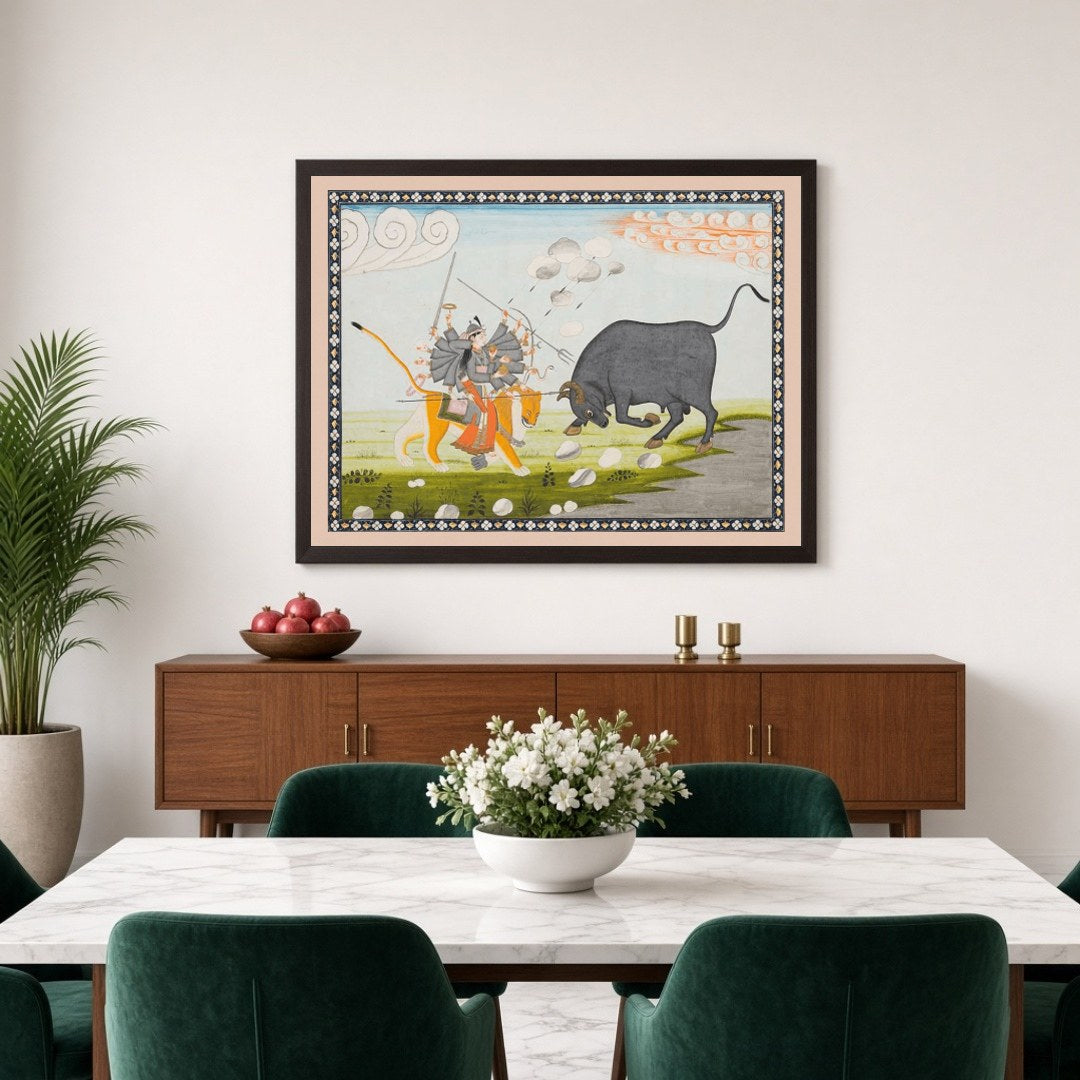 Capture the essence of divine triumph with this exquisite Mughal art print depicting Goddess Durga for Dining