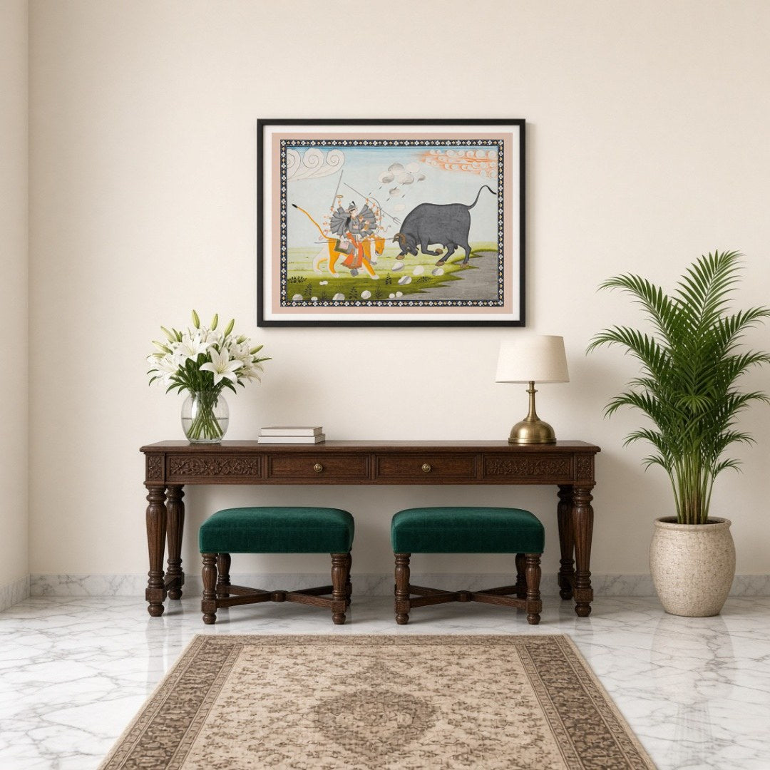 Capture the essence of divine triumph with this exquisite Mughal art print depicting Goddess Durga for Entrance