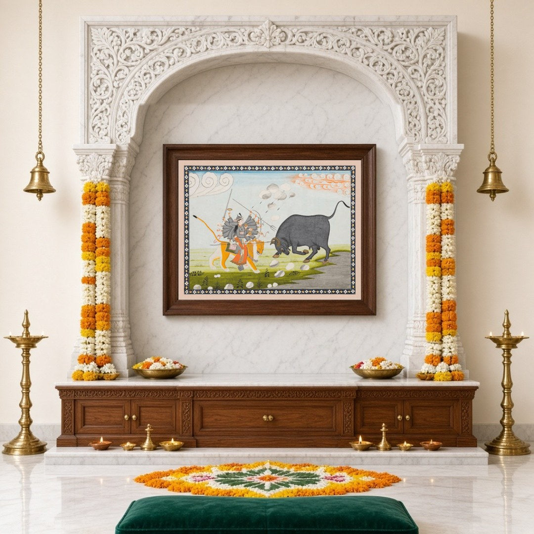 Capture the essence of divine triumph with this exquisite Mughal art print depicting Goddess Durga for Home Temple