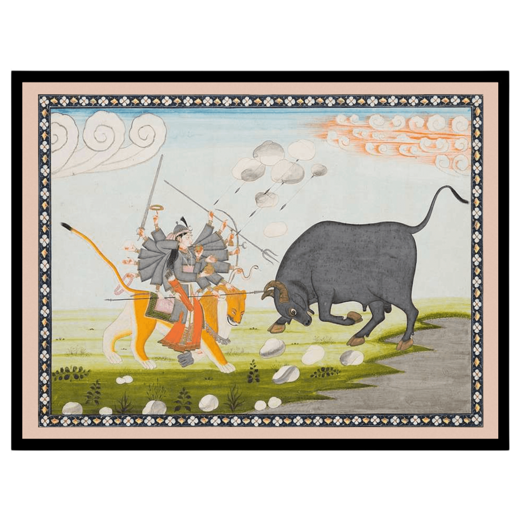 Capture the essence of divine triumph with this exquisite Mughal art print depicting Goddess Durga for interior