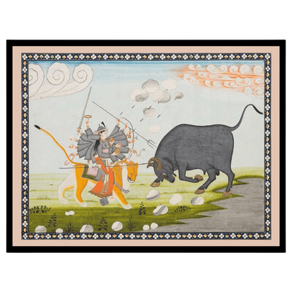 Capture the essence of divine triumph with this exquisite Mughal art print depicting Goddess Durga for interior