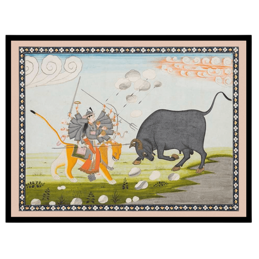 Capture the essence of divine triumph with this exquisite Mughal art print depicting Goddess Durga for interior
