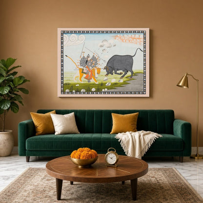 Capture the essence of divine triumph with this exquisite Mughal art print depicting Goddess Durga for Living Room