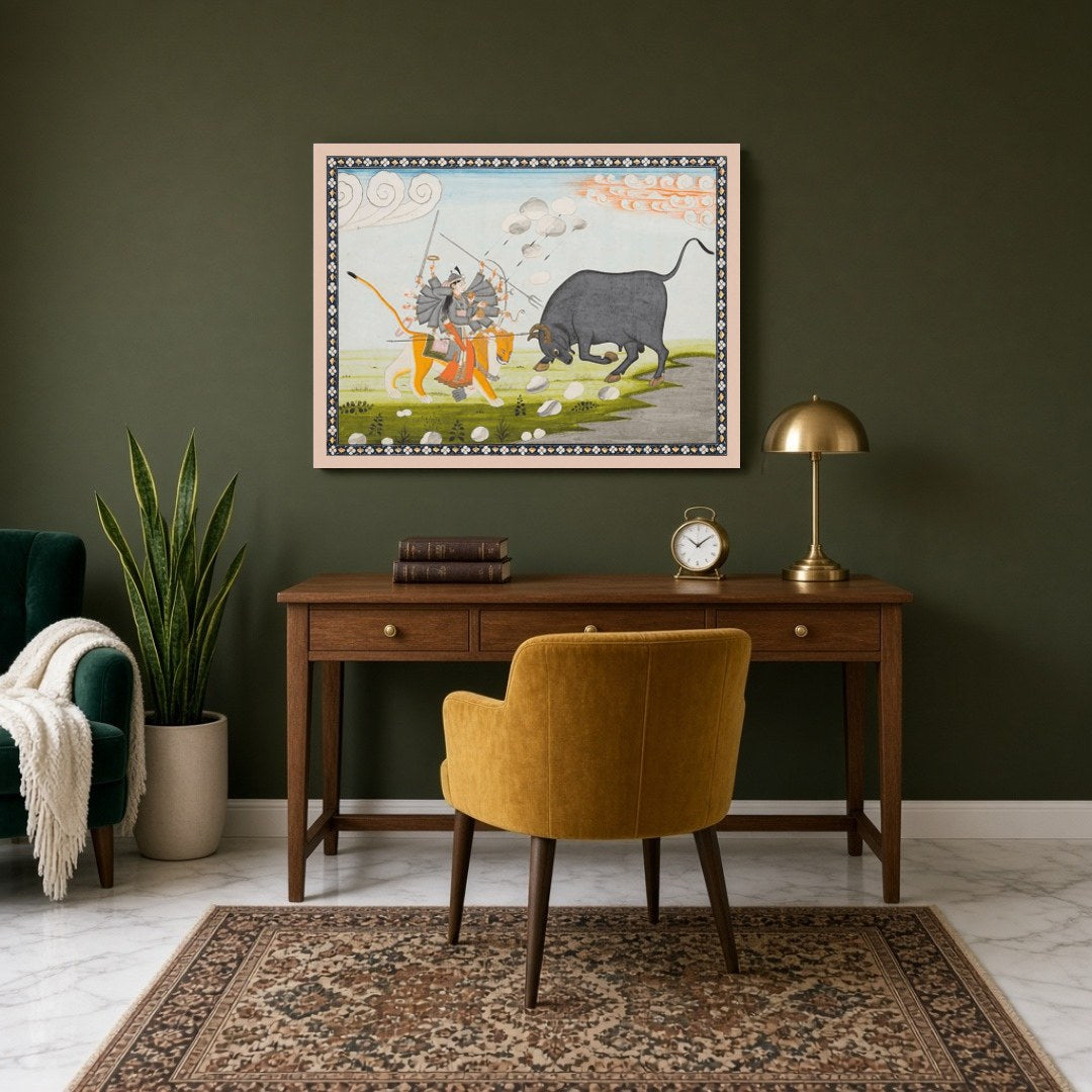 Capture the essence of divine triumph with this exquisite Mughal art print depicting Goddess Durga for Study
