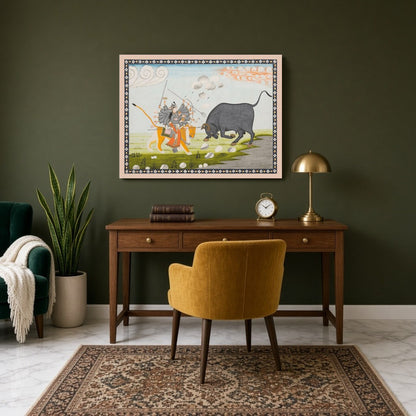Capture the essence of divine triumph with this exquisite Mughal art print depicting Goddess Durga for Study