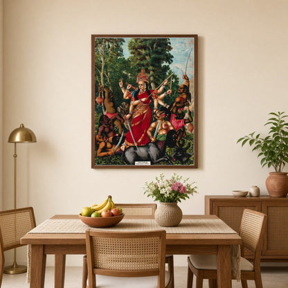 Experience the dynamic portrayal of Goddess Durga in her victory over Mahishasura, the buffalo for Dining