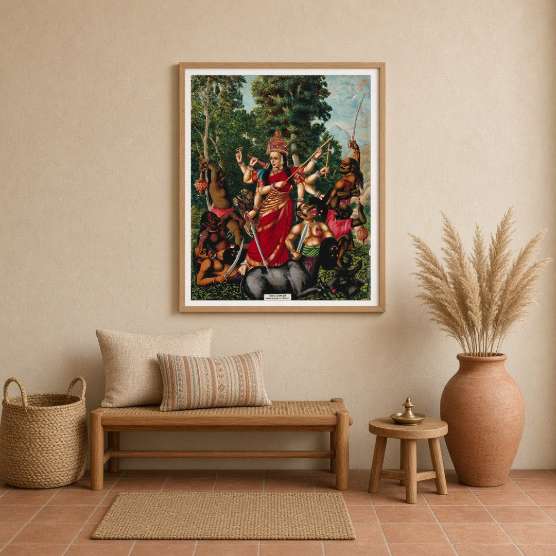 Experience the dynamic portrayal of Goddess Durga in her victory over Mahishasura, the buffalo for Entrance