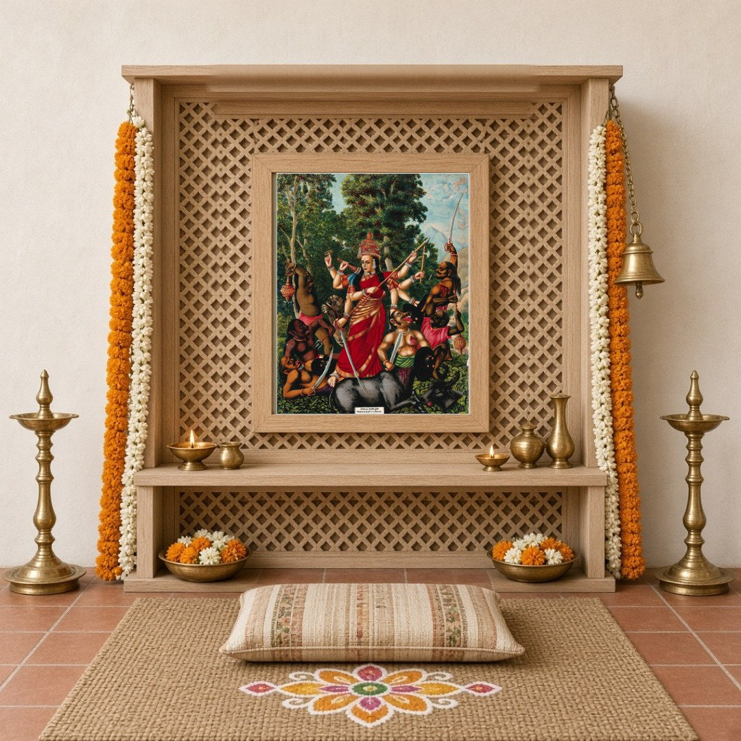 Experience the dynamic portrayal of Goddess Durga in her victory over Mahishasura, the buffalo for Home Temple