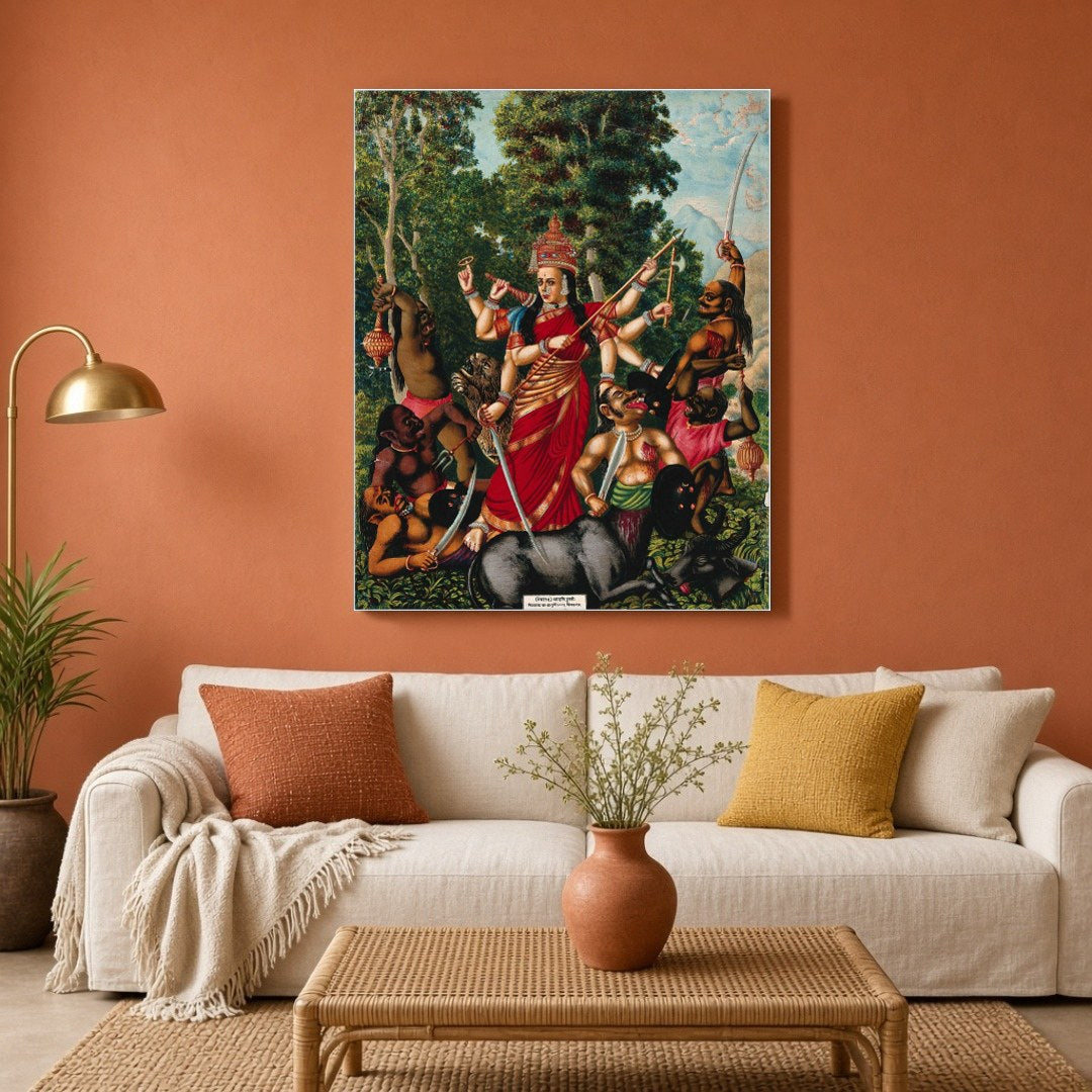 Experience the dynamic portrayal of Goddess Durga in her victory over Mahishasura, the buffalo for Living Room