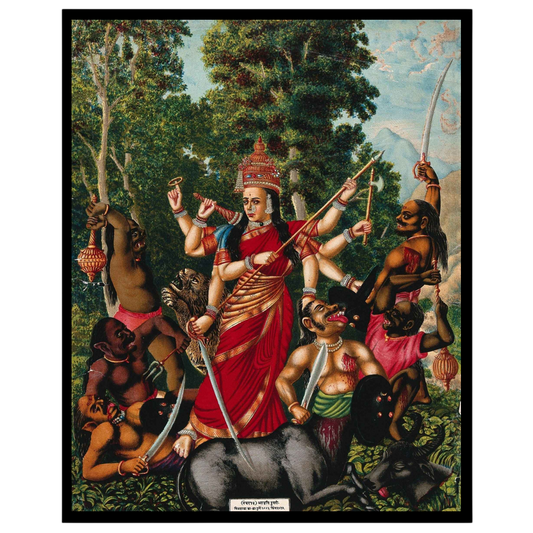 Experience the dynamic portrayal of Goddess Durga in her victory over Mahishasura, the buffalo for retreat