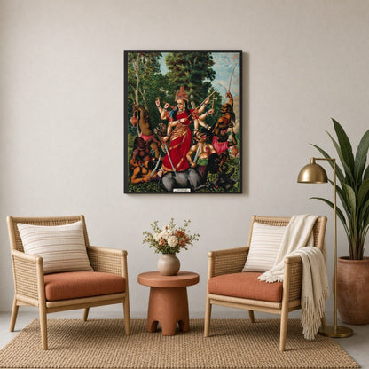 Experience the dynamic portrayal of Goddess Durga in her victory over Mahishasura, the buffalo for Sitting Lounge