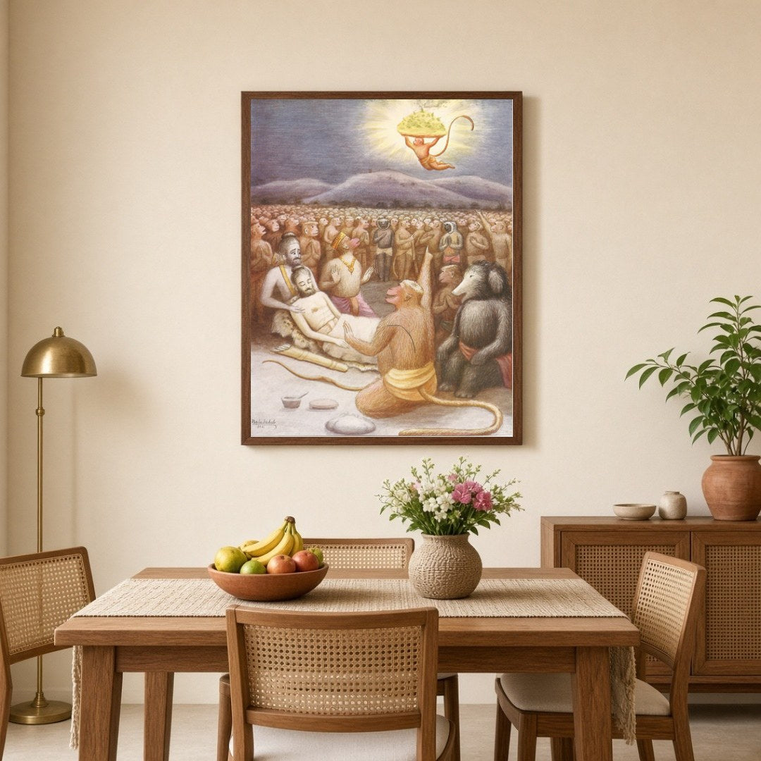 Immerse yourself in the epic narrative of Indian mythology with this captivating wall art depicting for Dining