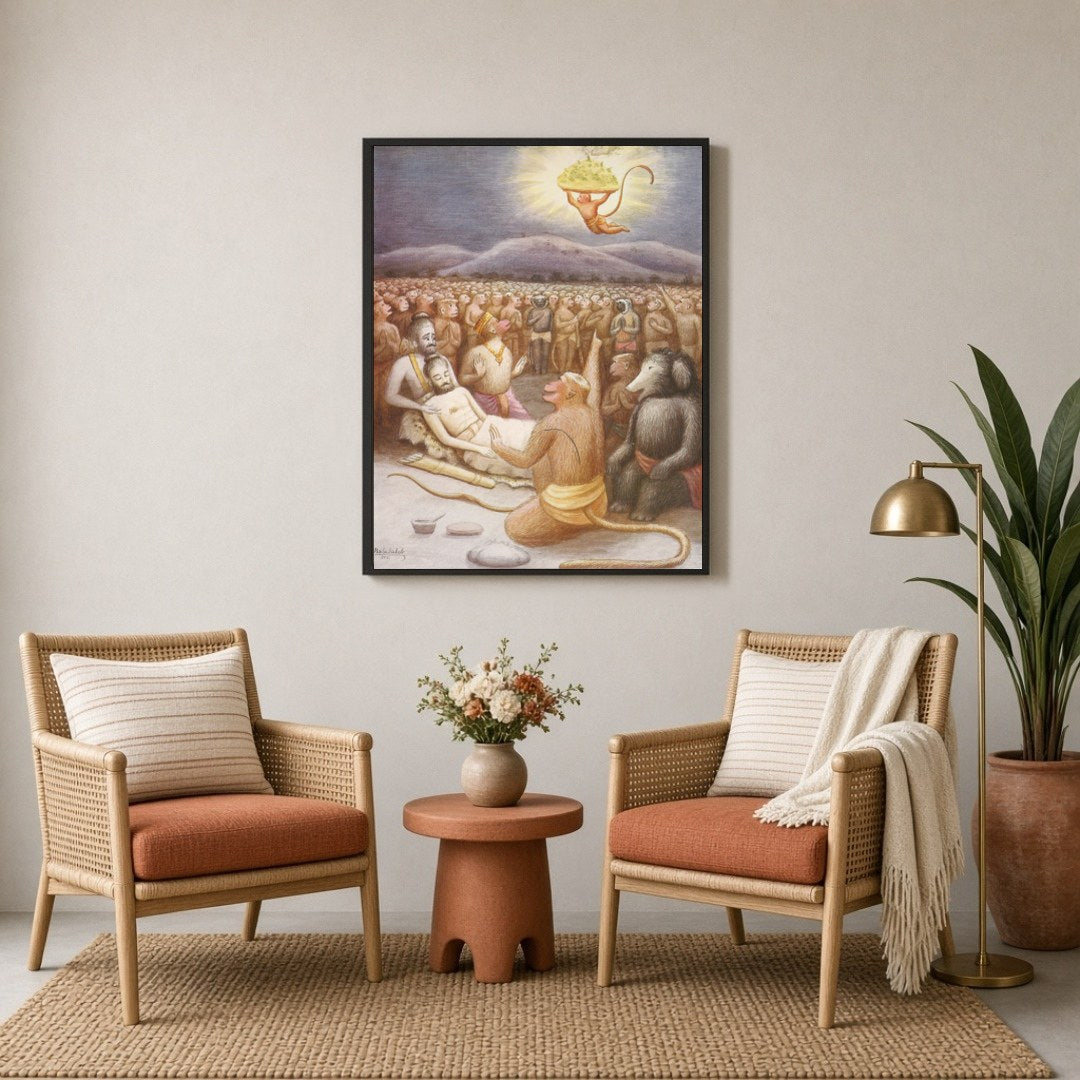 Immerse yourself in the epic narrative of Indian mythology with this captivating wall art depicting for Sitting Lounge