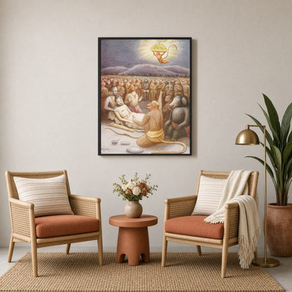 Immerse yourself in the epic narrative of Indian mythology with this captivating wall art depicting for Sitting Lounge