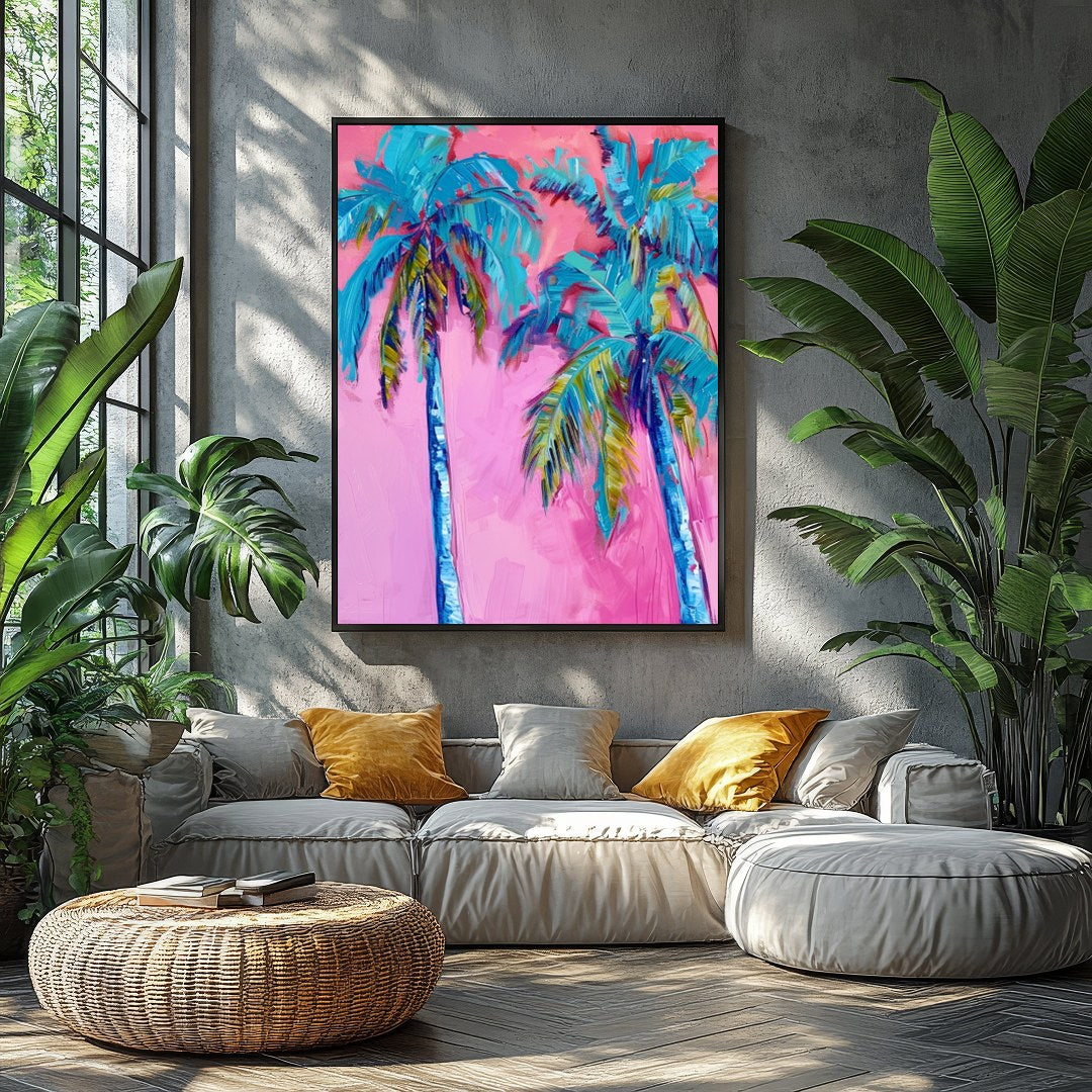 Immerse yourself in the vibrant hues of 'Tropical Bliss Abstract Palms'. This striking artwork for Balcony