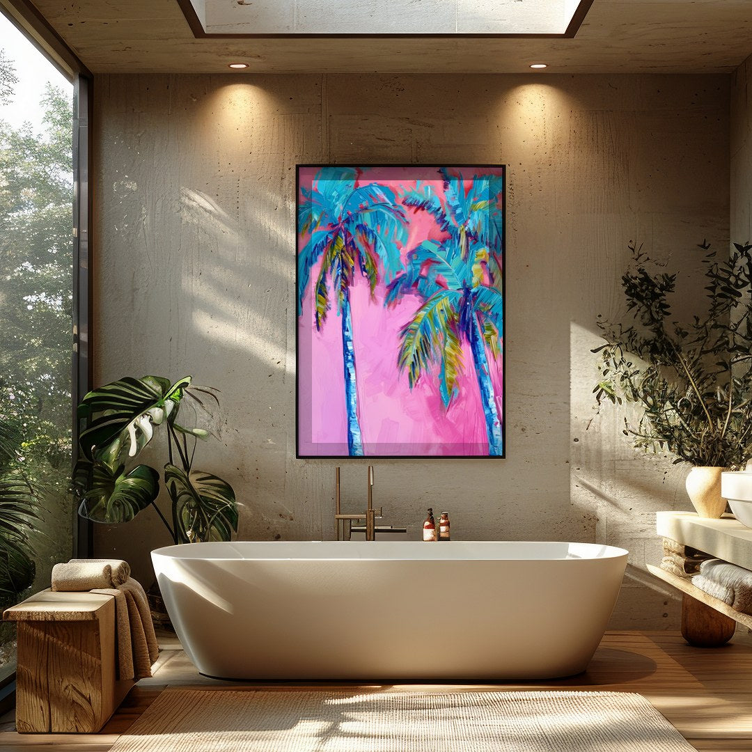 Immerse yourself in the vibrant hues of 'Tropical Bliss Abstract Palms'. This striking artwork for Bathroom
