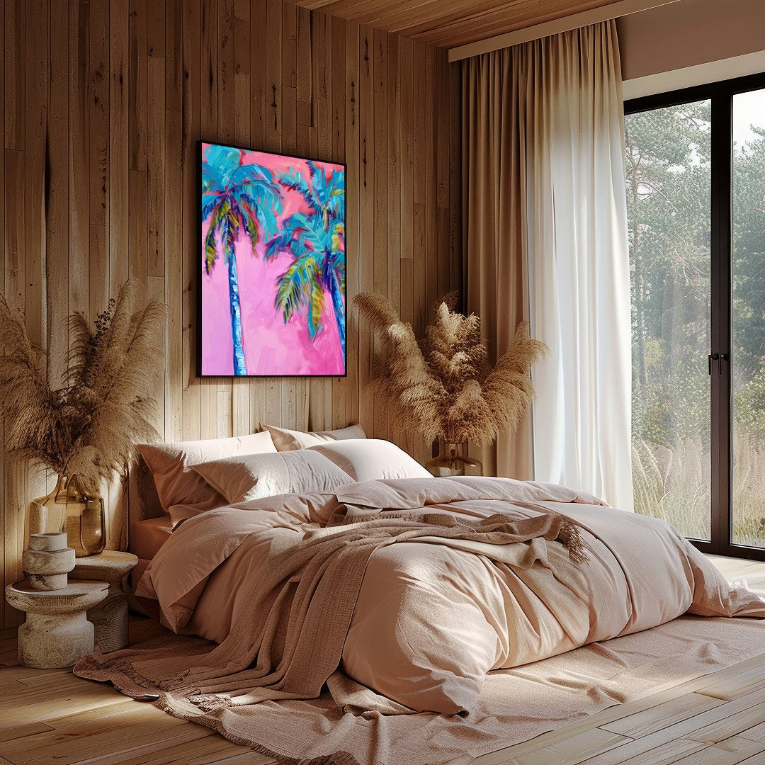 Immerse yourself in the vibrant hues of 'Tropical Bliss Abstract Palms'. This striking artwork for Bedroom