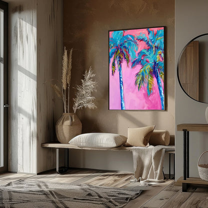 Immerse yourself in the vibrant hues of 'Tropical Bliss Abstract Palms'. This striking artwork for decor