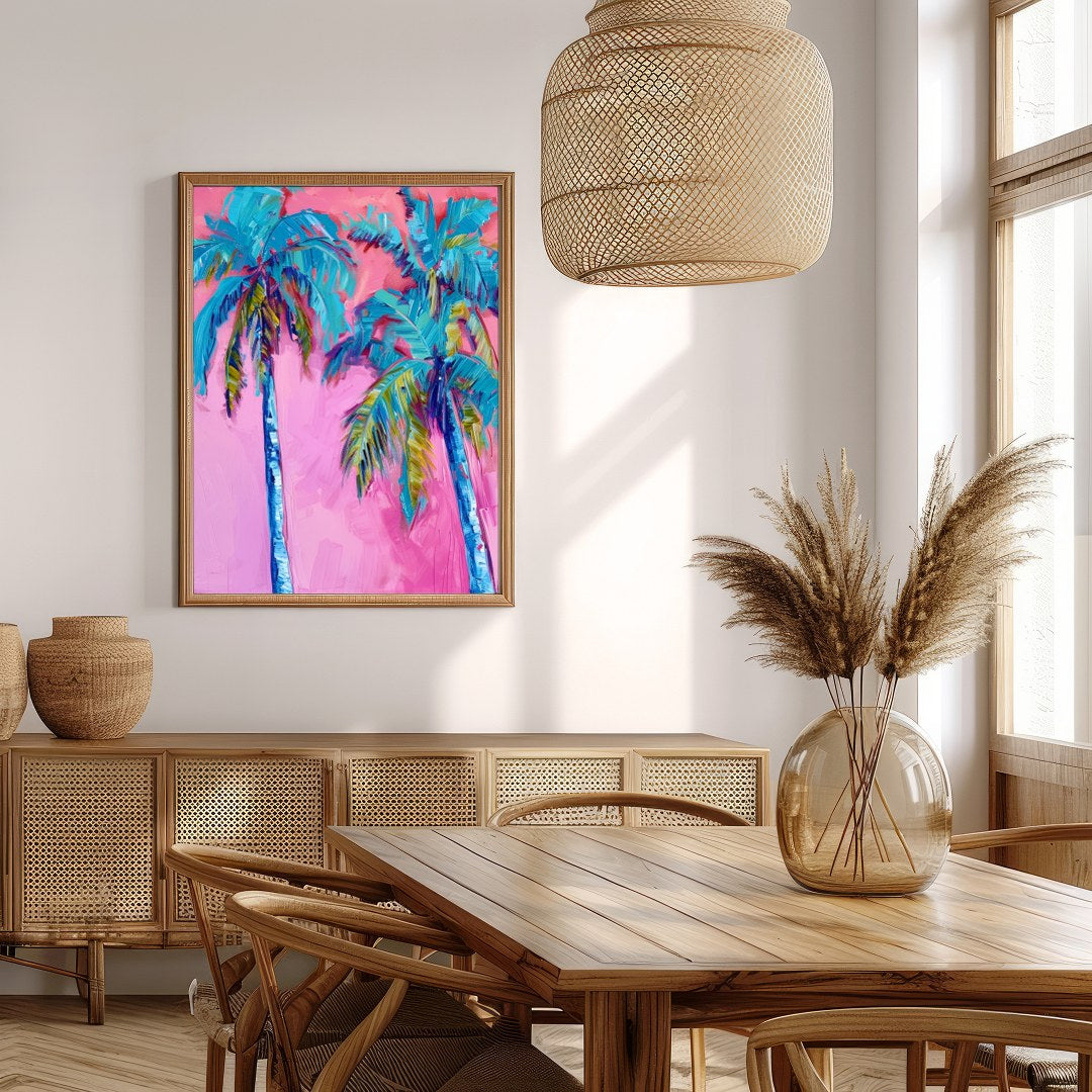 Immerse yourself in the vibrant hues of 'Tropical Bliss Abstract Palms'. This striking artwork for Extra Kitchen