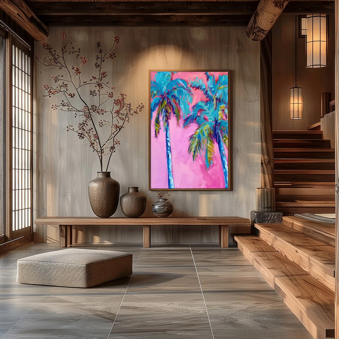 Immerse yourself in the vibrant hues of 'Tropical Bliss Abstract Palms'. This striking artwork for Hall