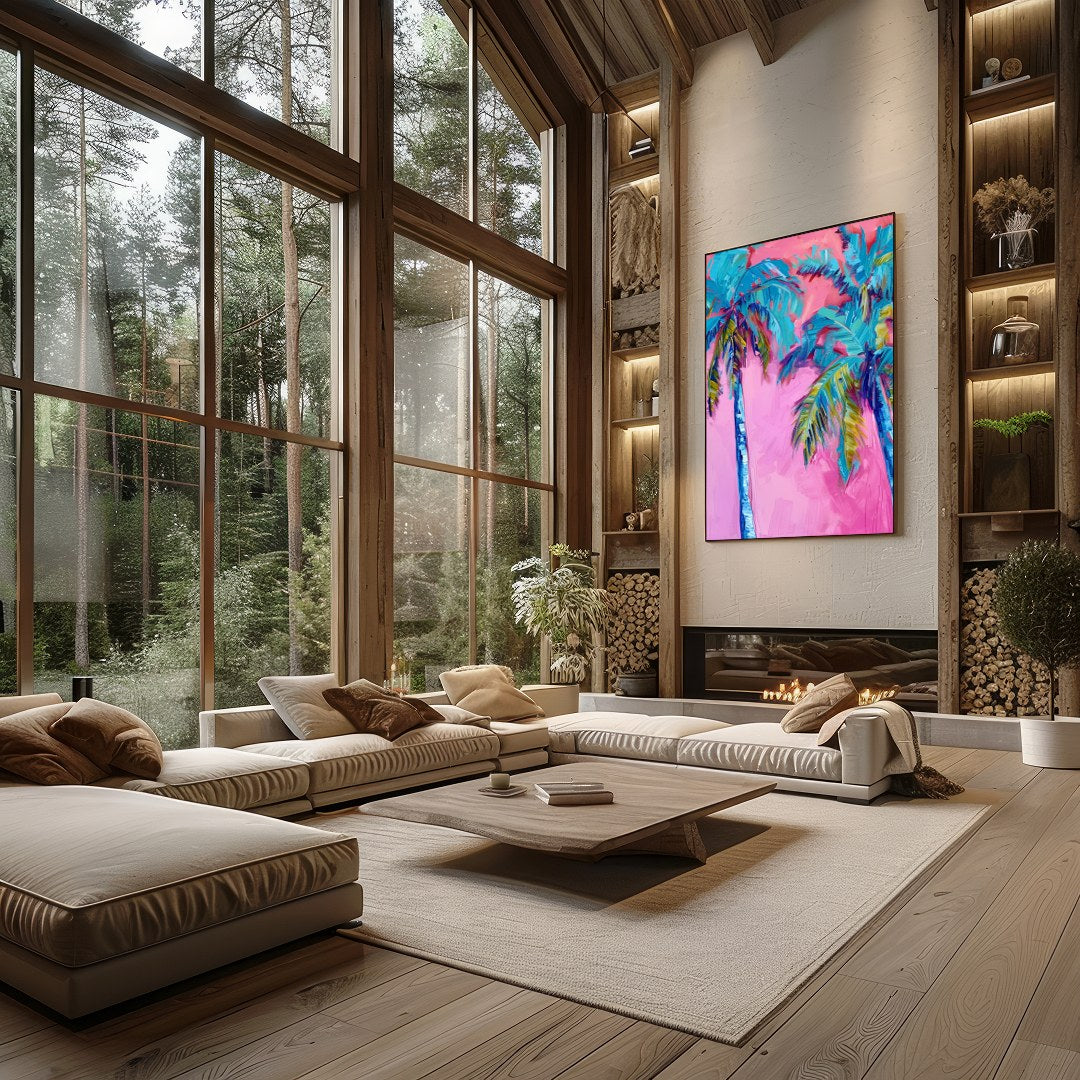 Immerse yourself in the vibrant hues of 'Tropical Bliss Abstract Palms'. This striking artwork for Living Room