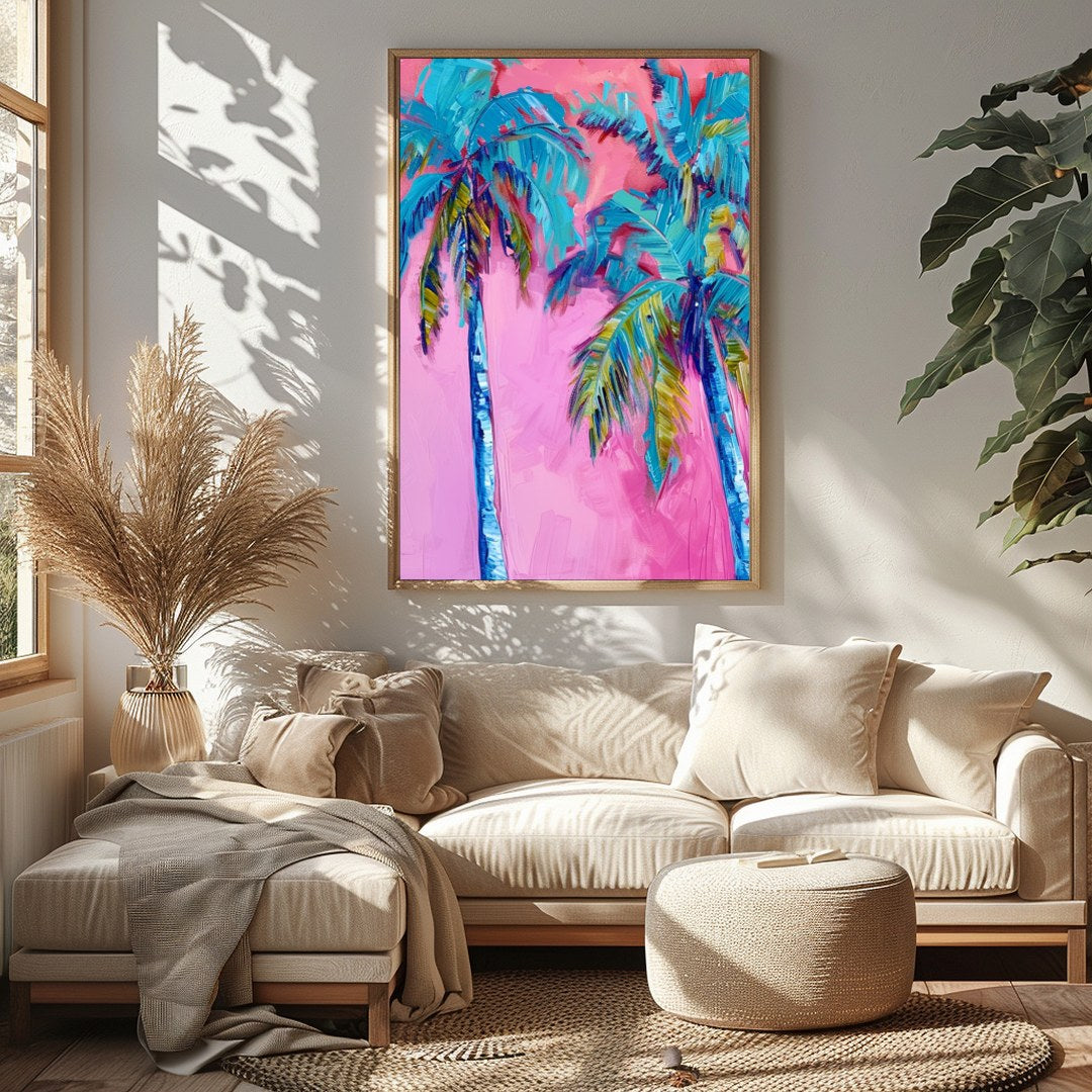 Immerse yourself in the vibrant hues of 'Tropical Bliss Abstract Palms'. This striking artwork for Sitting Area
